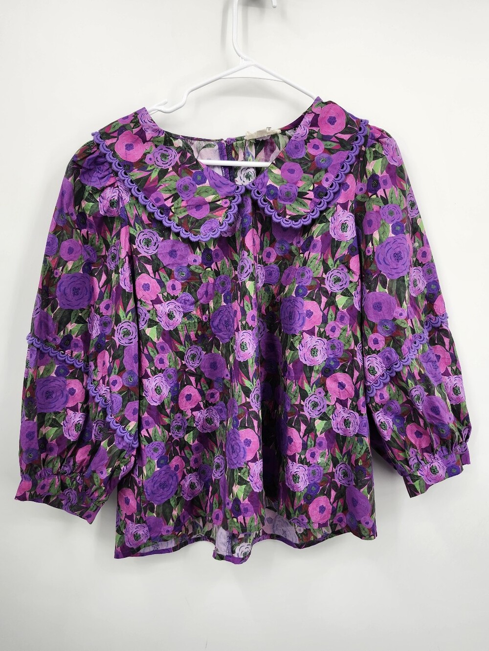 Entro Purple Floral print Peter Pan Collar puff sleeve top Sz L